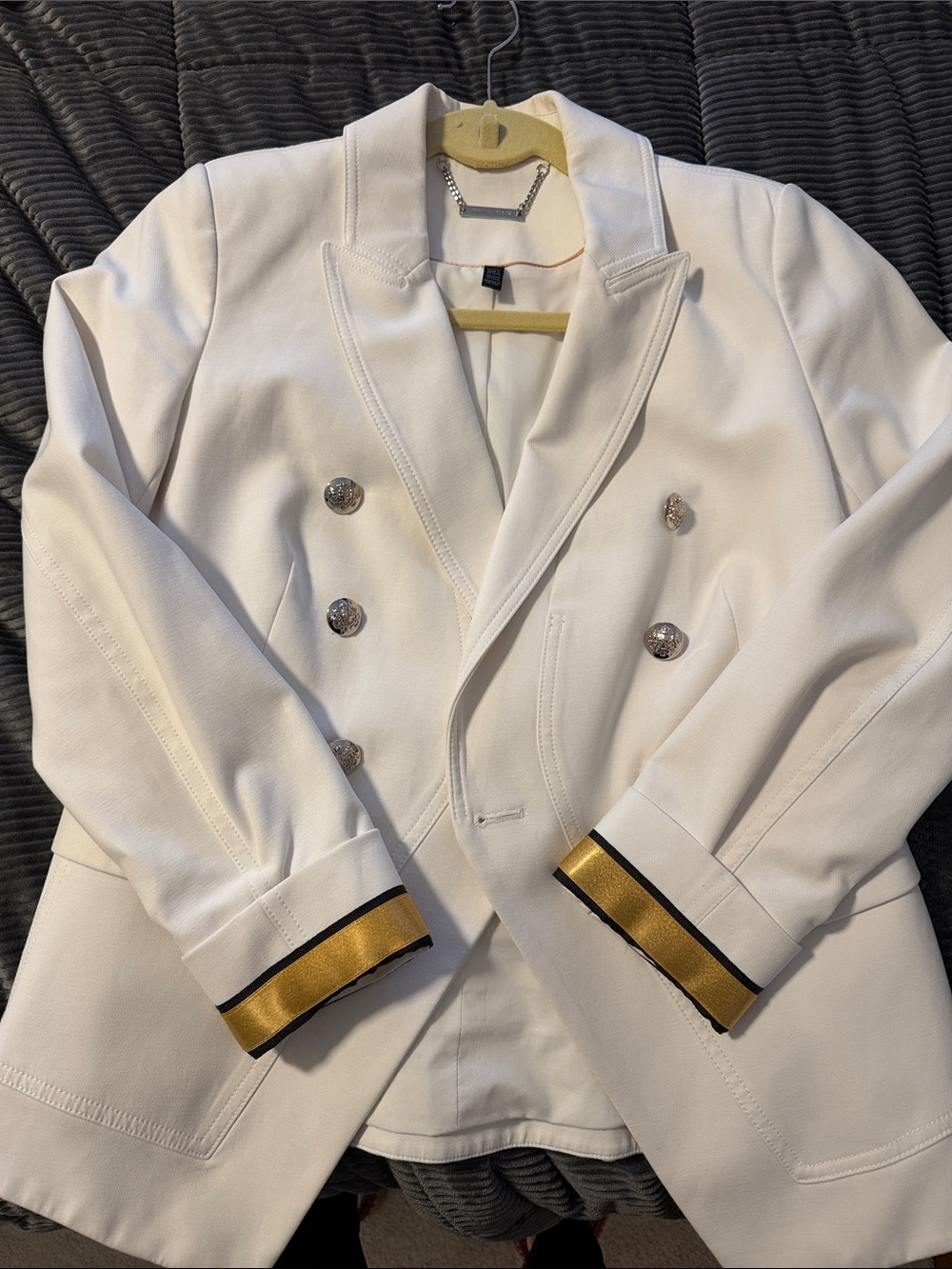 White House Black Market White Double-Breasted Blazer with Gold Cuff Trim